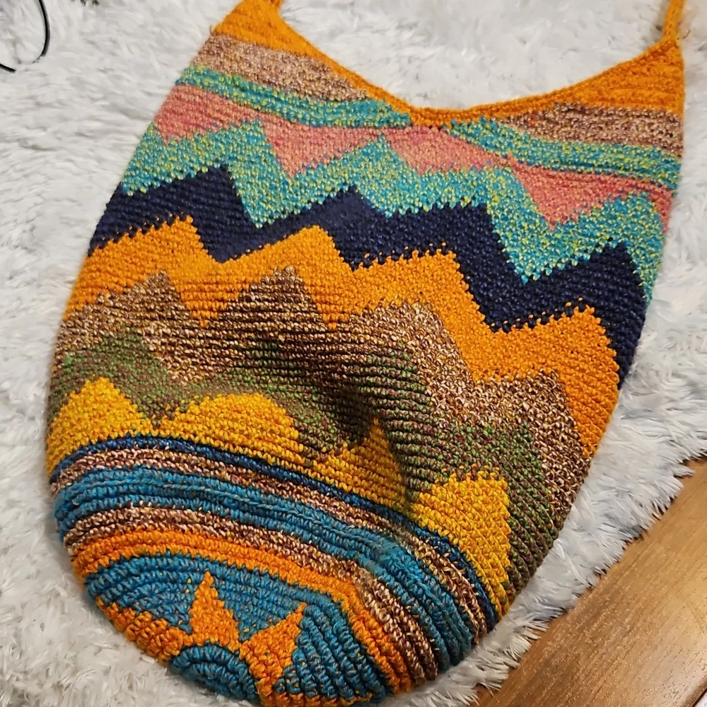 Crochet Hobo Bag Shoulder Bag‎ Chevron Colorful Handmade Hippie Boho Purse